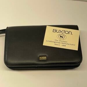 Vintage Buxton Leather Wallet Wristlet Black Multi Pocket Check Pockets B#4